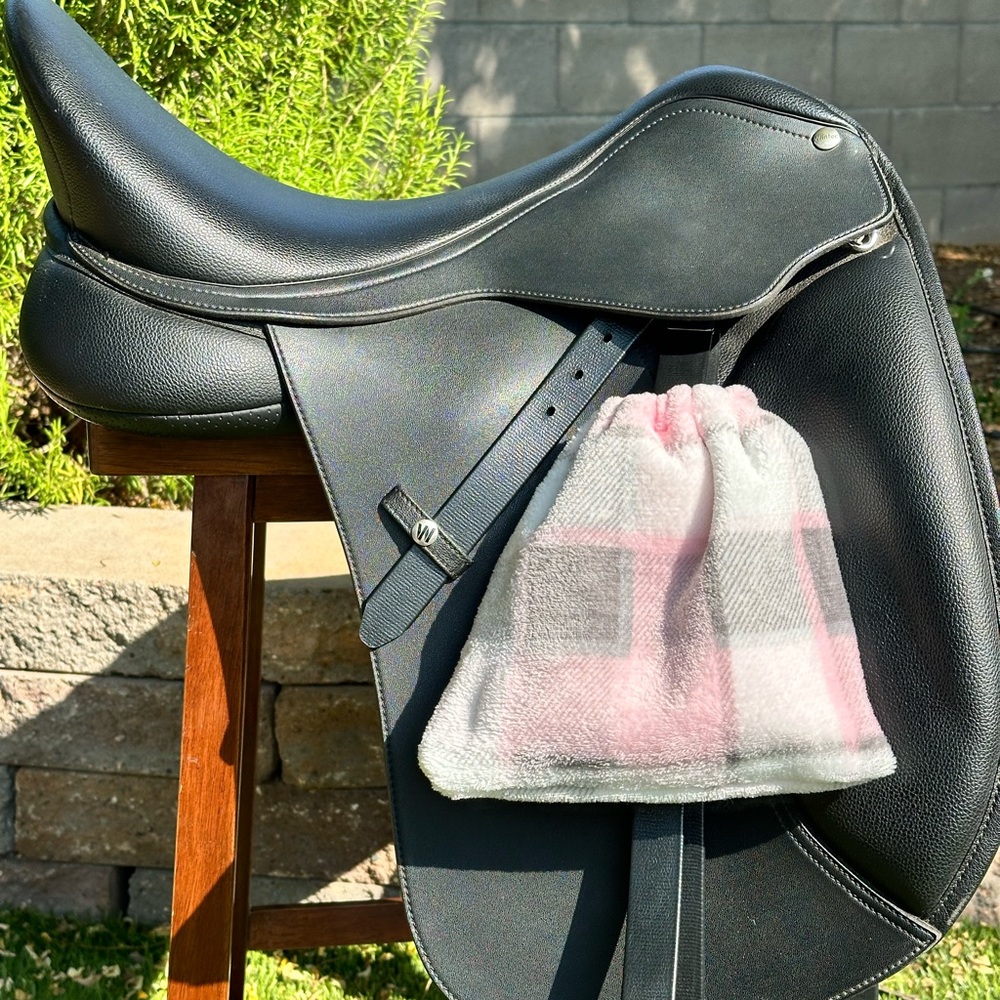 Pink and gray plaid stirrup covers